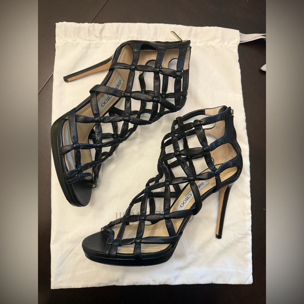 Jimmy Choo Black Cage Heels Stiletto Sandals, Size 38 (size 8 US)